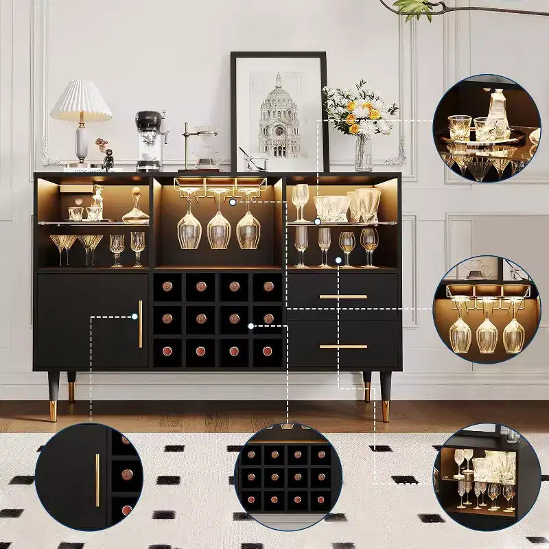 47" Wine Bar Cabinet with LED Lights & Charging Station, Modern Home Bar with Wine Rack & Storage