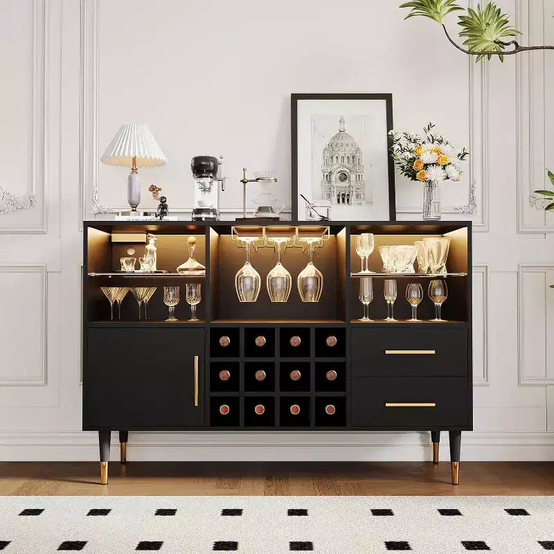 47" Wine Bar Cabinet with LED Lights & Charging Station, Modern Home Bar with Wine Rack & Storage