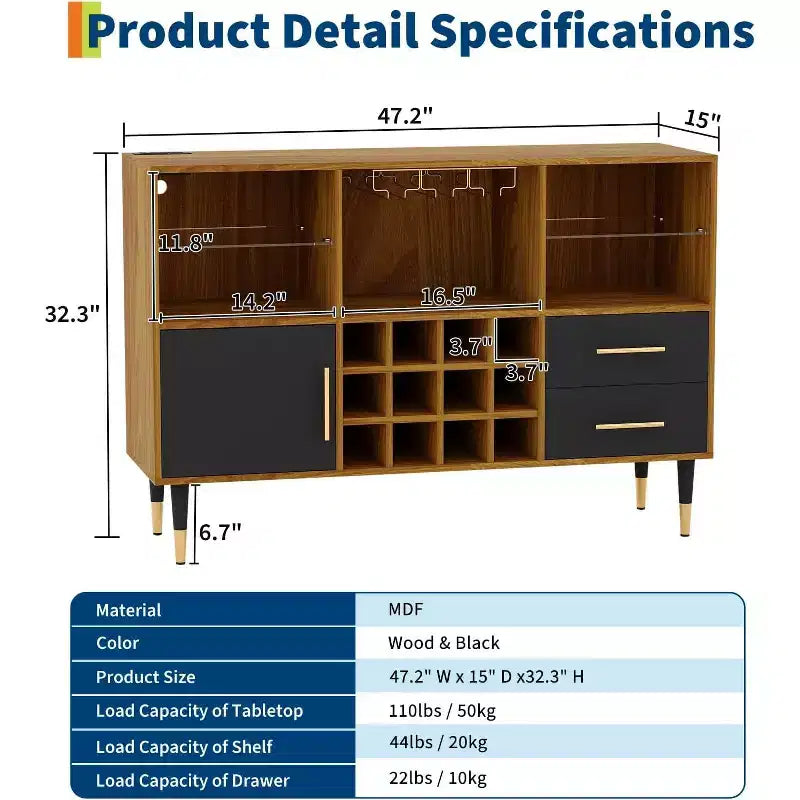 47" Wine Bar Cabinet with LED Lights & Charging Station, Modern Home Bar with Wine Rack & Storage