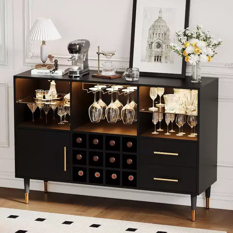 COZONY 47in Wine Bar Cabinet with LED Lights & Charging, Modern Home Bar with Wine Rack & Storage