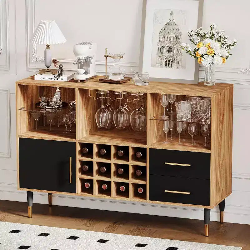 47" Wine Bar Cabinet with LED Lights & Charging Station, Modern Home Bar with Wine Rack & Storage
