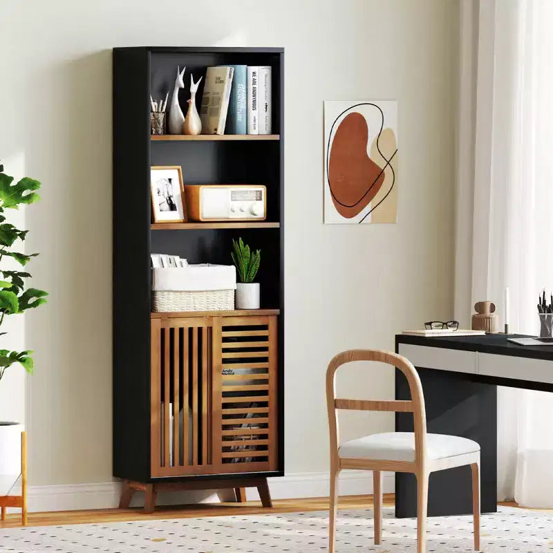 70" 5-Tier Bookcase with Reversible Adjustable Shelf and Sliding Doors