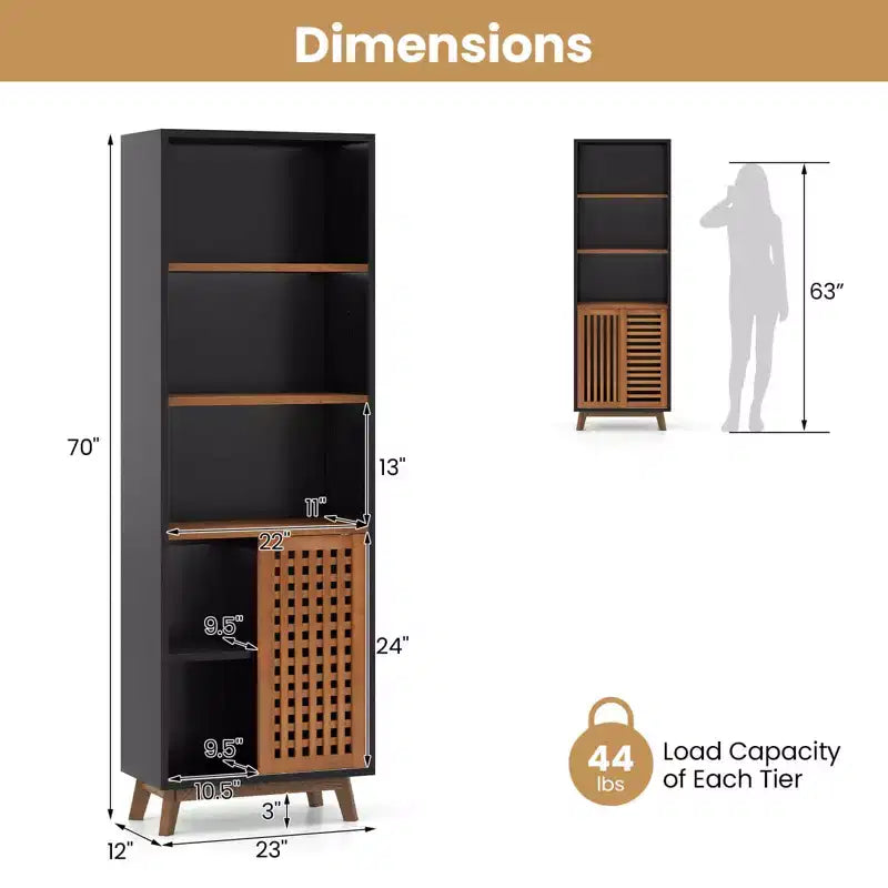 70" 5-Tier Bookcase with Reversible Adjustable Shelf and Sliding Doors