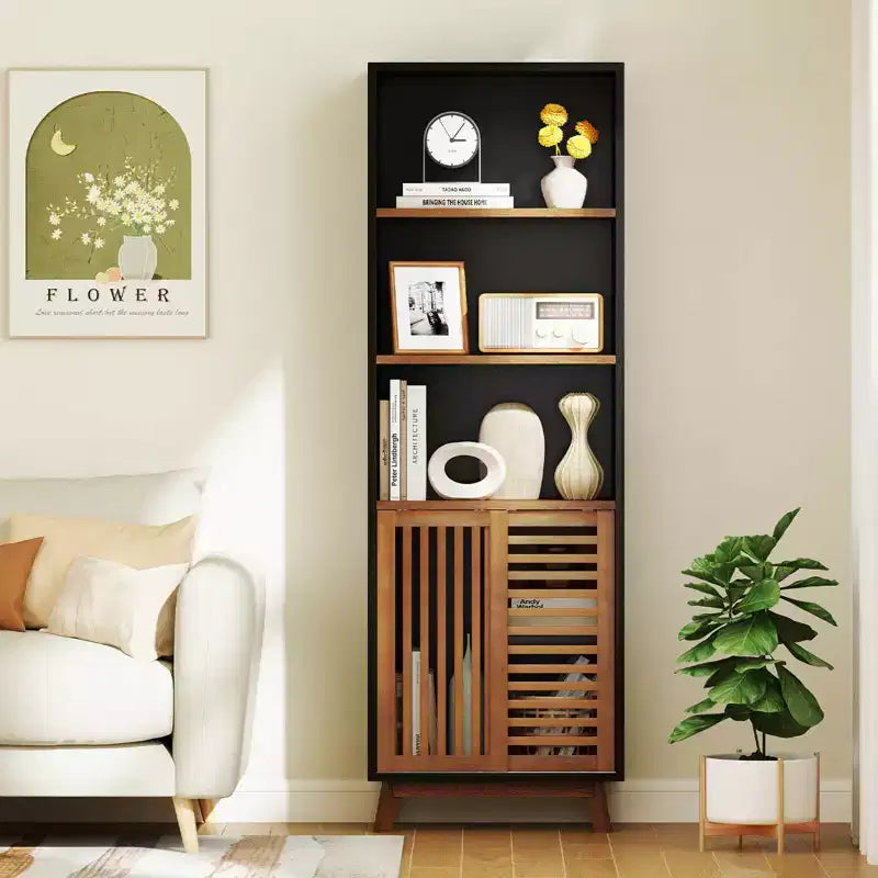70" 5-Tier Bookcase with Reversible Adjustable Shelf and Sliding Doors