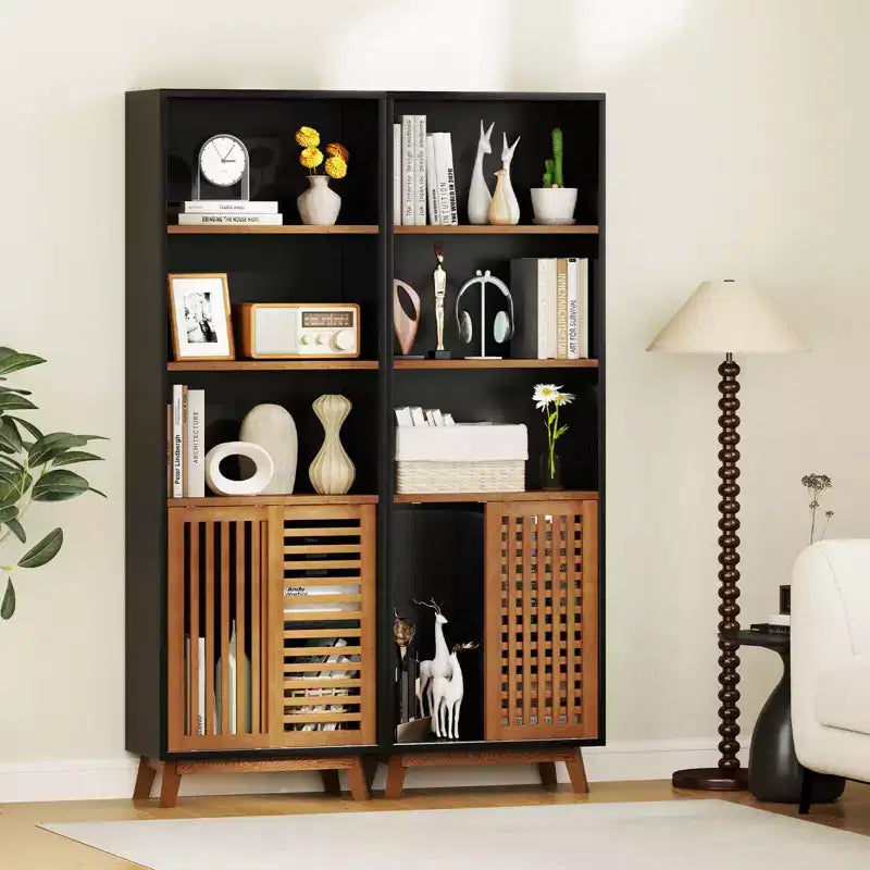 70" 5-Tier Bookcase with Reversible Adjustable Shelf and Sliding Doors
