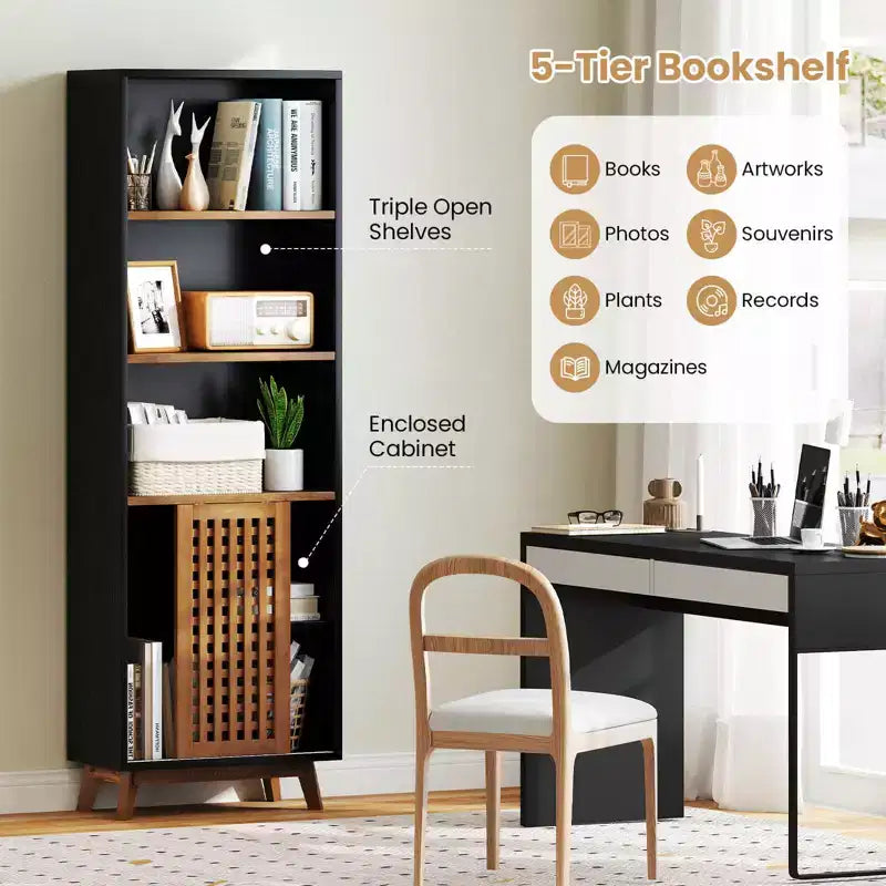 70" 5-Tier Bookcase with Reversible Adjustable Shelf and Sliding Doors