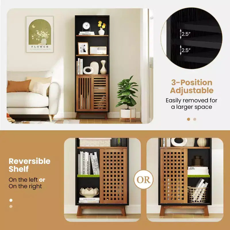70" 5-Tier Bookcase with Reversible Adjustable Shelf and Sliding Doors