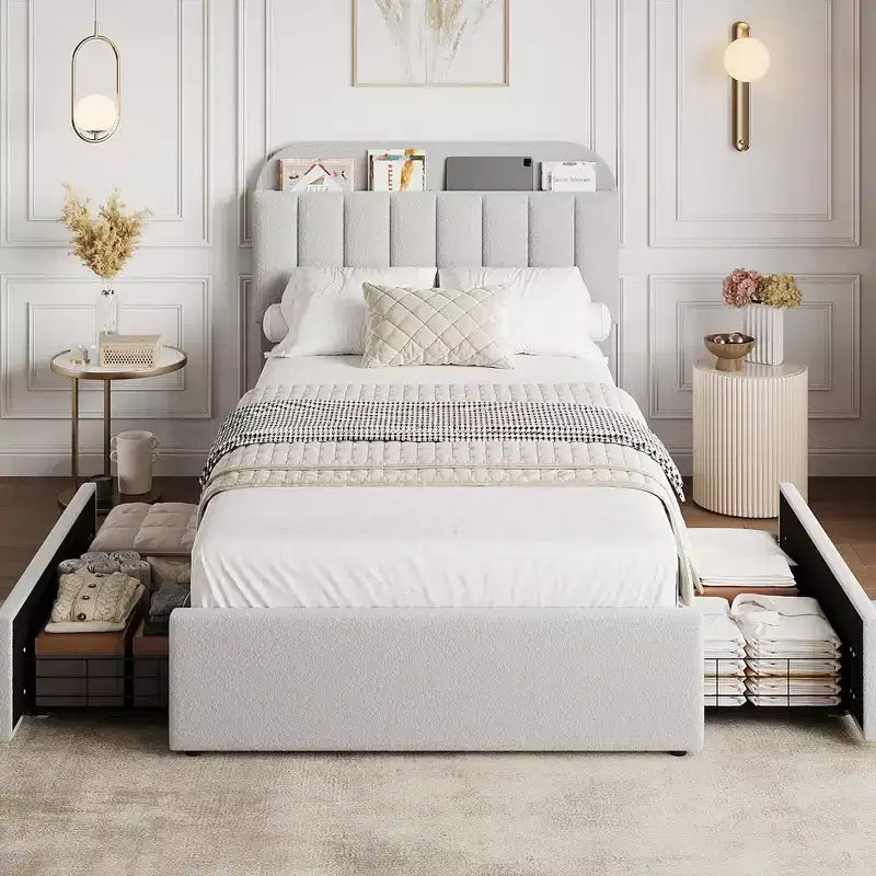 Twin/Full/Queen Upholstered Platform Bed with Storage Headboard, 2 Drawers & Bookcase