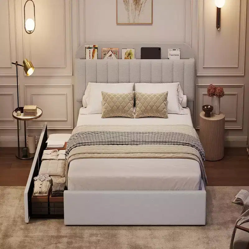 Twin/Full/Queen Upholstered Platform Bed with Storage Headboard, 2 Drawers & Bookcase