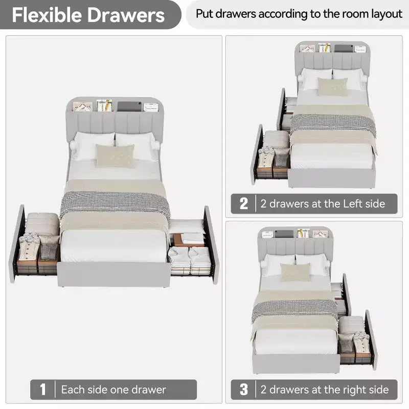 Twin/Full/Queen Upholstered Platform Bed with Storage Headboard, 2 Drawers & Bookcase