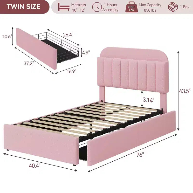 Twin/Full/Queen Upholstered Platform Bed with Storage Headboard, 2 Drawers & Bookcase