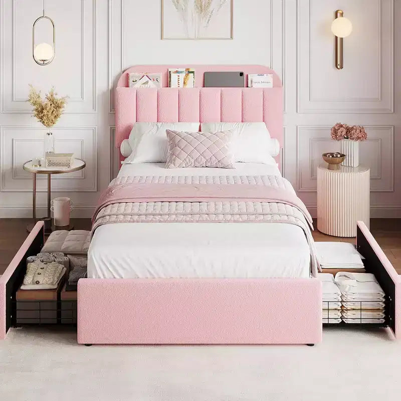 Twin/Full/Queen Upholstered Platform Bed with Storage Headboard, 2 Drawers & Bookcase