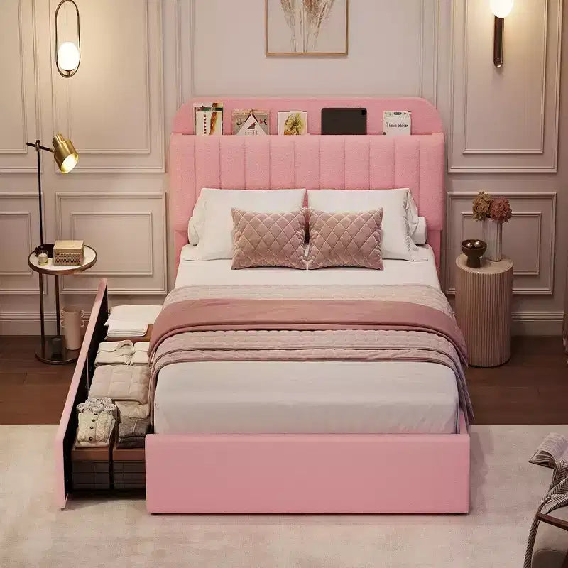 Twin/Full/Queen Upholstered Platform Bed with Storage Headboard, 2 Drawers & Bookcase
