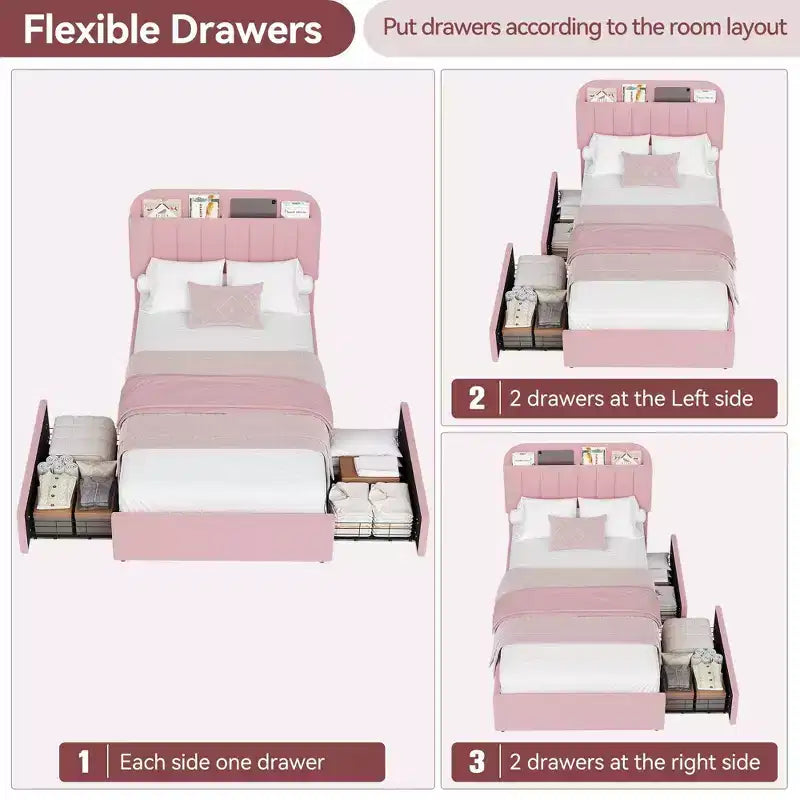 Twin/Full/Queen Upholstered Platform Bed with Storage Headboard, 2 Drawers & Bookcase