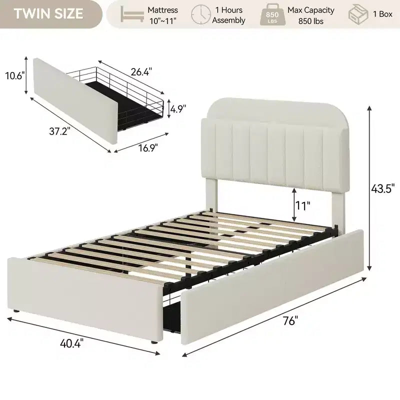 Twin/Full/Queen Upholstered Platform Bed with Storage Headboard, 2 Drawers & Bookcase