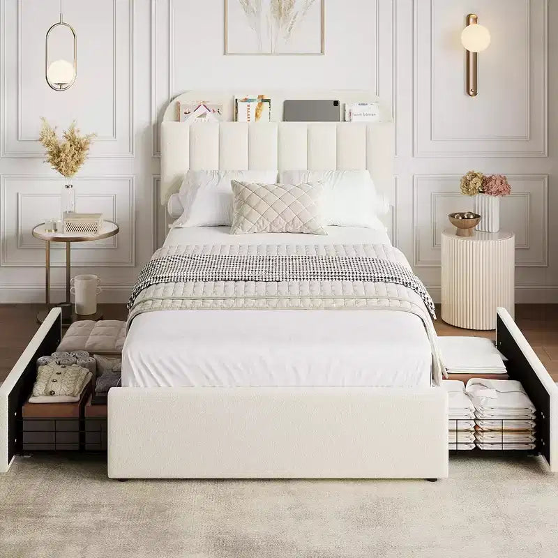 Twin/Full/Queen Upholstered Platform Bed with Storage Headboard, 2 Drawers & Bookcase