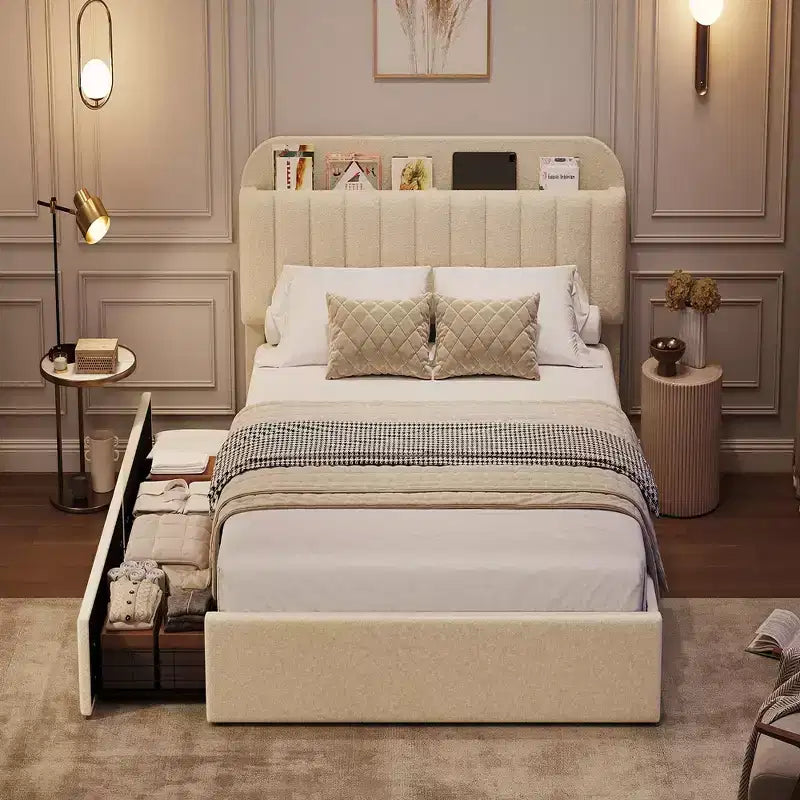 Twin/Full/Queen Upholstered Platform Bed with Storage Headboard, 2 Drawers & Bookcase