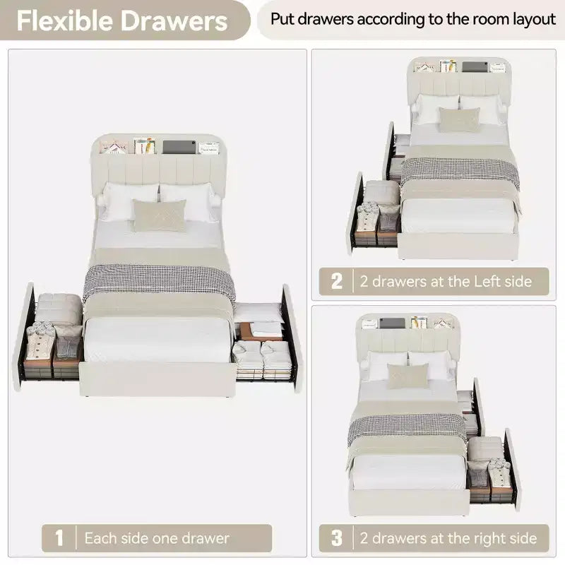 Twin/Full/Queen Upholstered Platform Bed with Storage Headboard, 2 Drawers & Bookcase