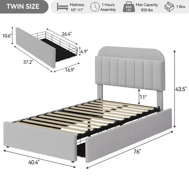 Twin/Full/Queen Upholstered Platform Bed with Storage Headboard, 2 Drawers & Bookcase