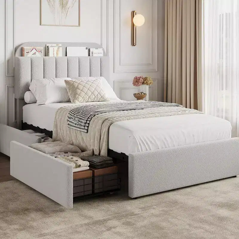 Twin/Full/Queen Upholstered Platform Bed with Storage Headboard, 2 Drawers & Bookcase
