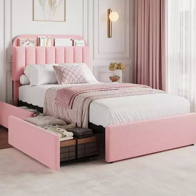Twin/Full/Queen Upholstered Platform Bed with Storage Headboard, 2 Drawers & Bookcase