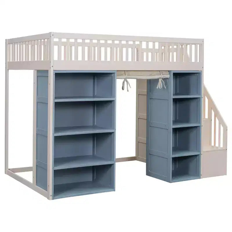 Full Size Loft Bed with 2 Four-Layer Racks and Storage Staircase, Wooden Bed Frame with Curtain and Storage Cabinets, White
