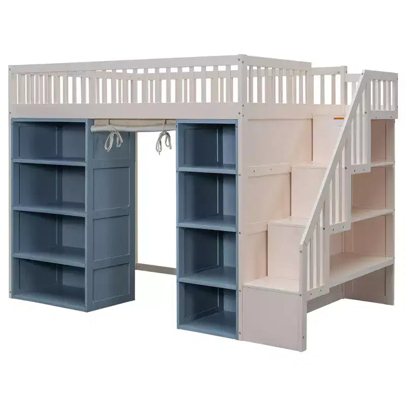 Full Size Loft Bed with 2 Four-Layer Racks and Storage Staircase, Wooden Bed Frame with Curtain and Storage Cabinets, White