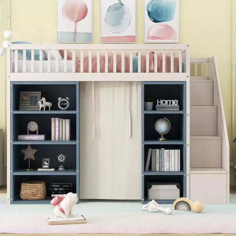 Full Size Loft Bed with 2 Four-Layer Racks and Storage Staircase, Wooden Bed Frame with Curtain and Storage Cabinets, White