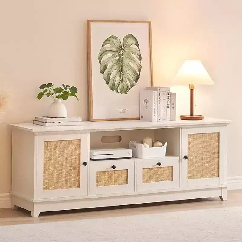 Rattan TV Stand for 70 Inch TV, TV Console with 2 Cabinets & Adjustable Shelf, Modern TV Stand with Storage, Media Console Cabinet