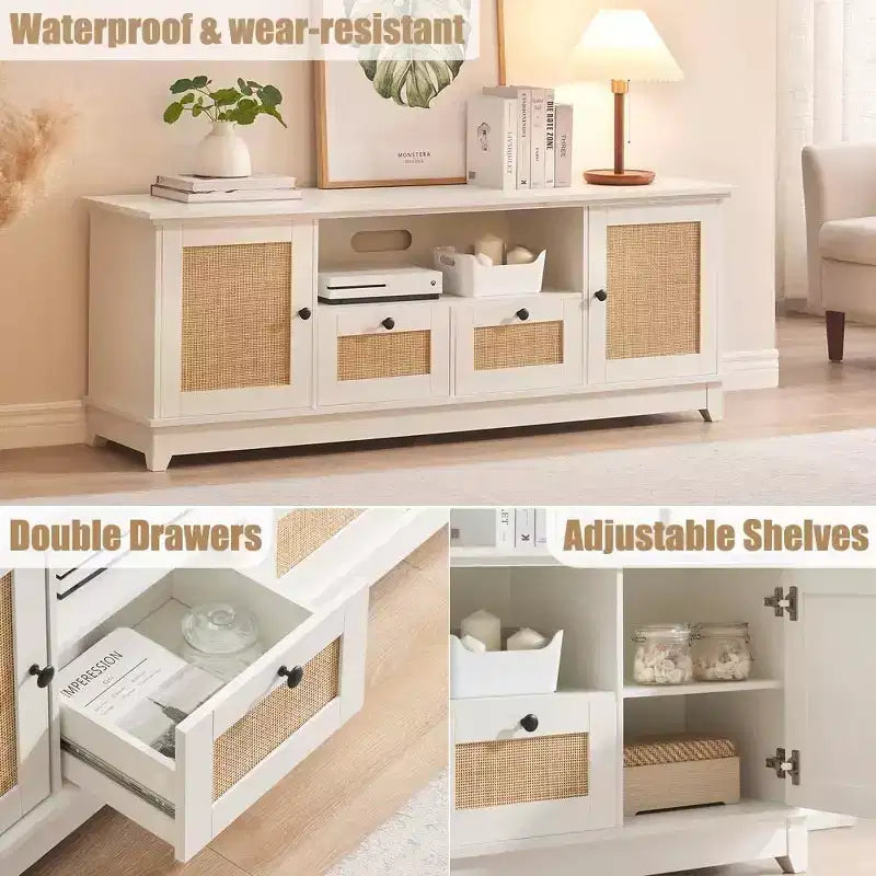 Rattan TV Stand for 70 Inch TV, TV Console with 2 Cabinets & Adjustable Shelf, Modern TV Stand with Storage, Media Console Cabinet