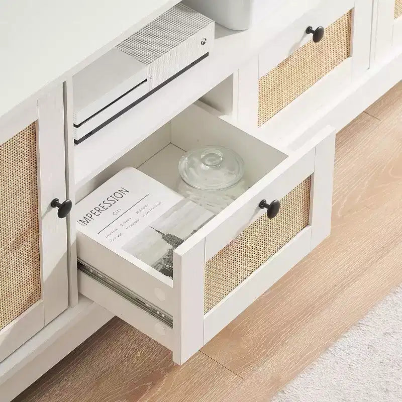 Rattan TV Stand for 70 Inch TV, TV Console with 2 Cabinets & Adjustable Shelf, Modern TV Stand with Storage, Media Console Cabinet