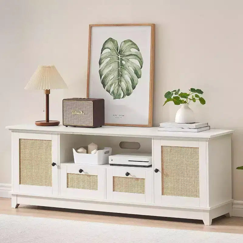 Rattan TV Stand for 70 Inch TV, TV Console with 2 Cabinets & Adjustable Shelf, Modern TV Stand with Storage, Media Console Cabinet