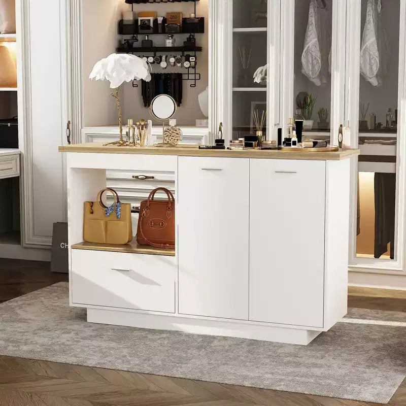 Modern Vanity Island with Adjustable Shelves, Fold-Up Side Leaf & Shoe Storage for Bedroom