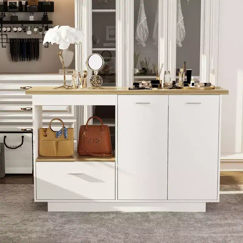 Modern Vanity Island with Adjustable Shelves, Fold-Up Side Leaf & Shoe Storage for Bedroom