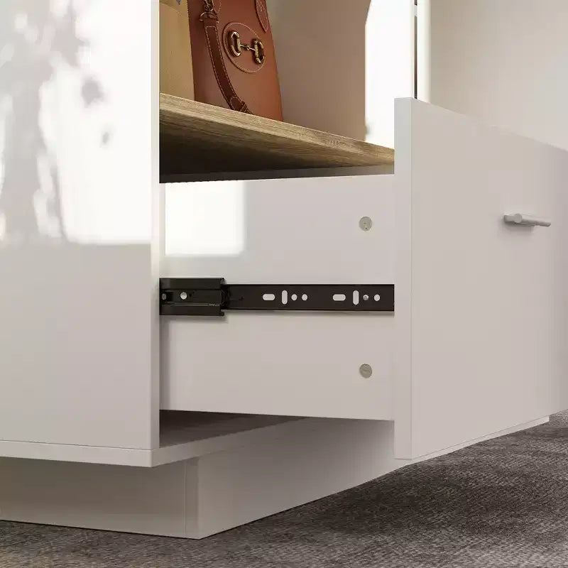 Modern Vanity Island with Adjustable Shelves, Fold-Up Side Leaf & Shoe Storage for Bedroom