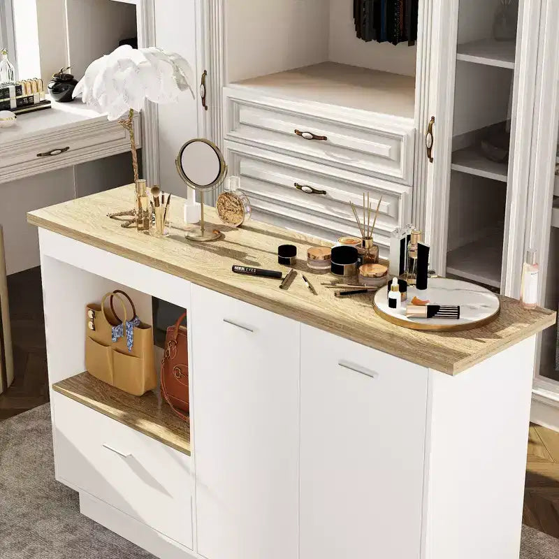 Modern Vanity Island with Adjustable Shelves, Fold-Up Side Leaf & Shoe Storage for Bedroom