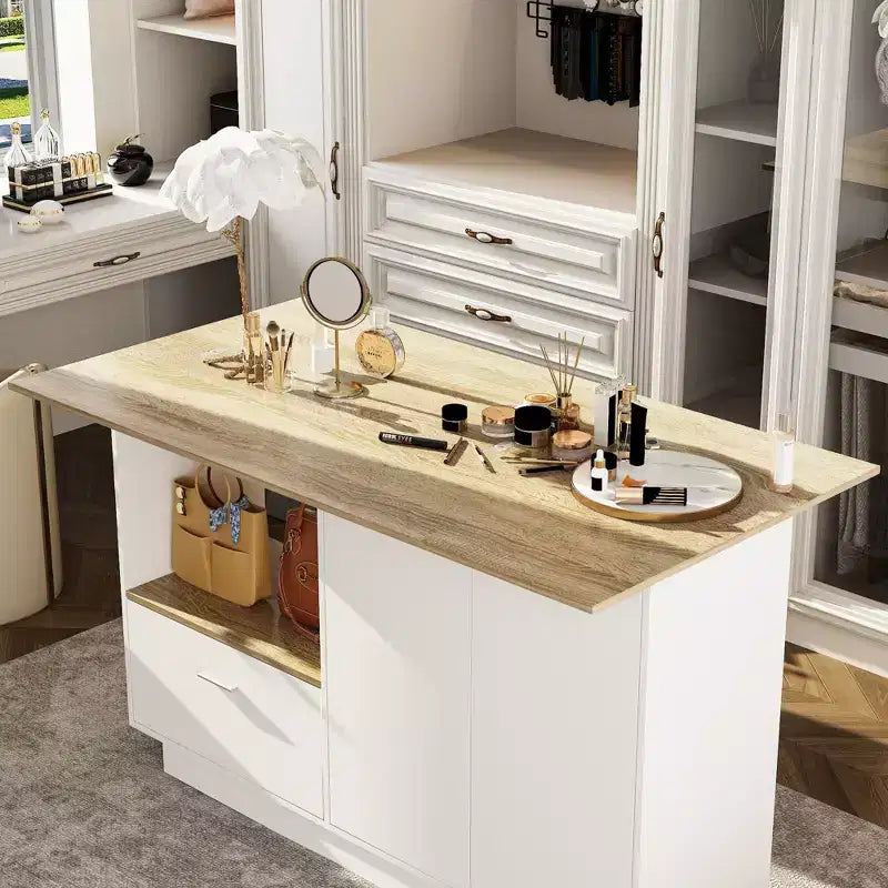 Modern Vanity Island with Adjustable Shelves, Fold-Up Side Leaf & Shoe Storage for Bedroom