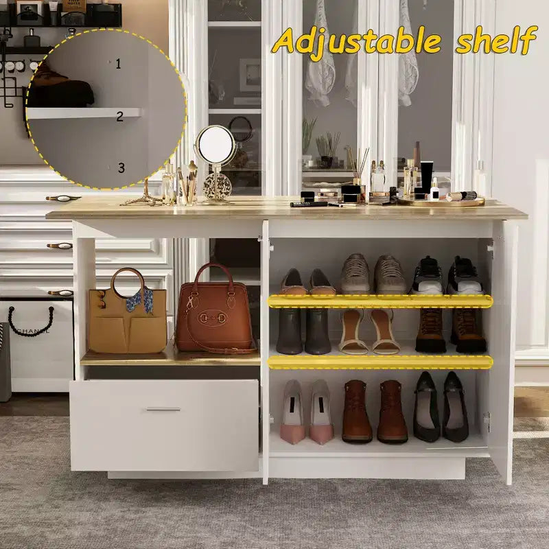 Modern Vanity Island with Adjustable Shelves, Fold-Up Side Leaf & Shoe Storage for Bedroom