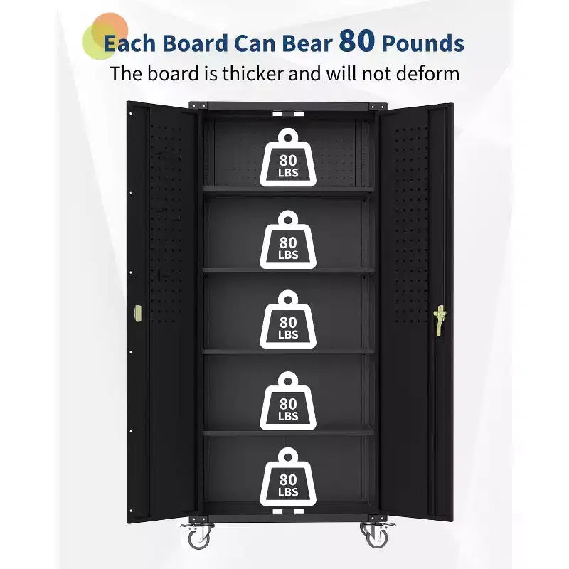 72" Lockable Metal Garage Storage Cabinet with Wheels, Pegboard & 4 Adjustable Shelves