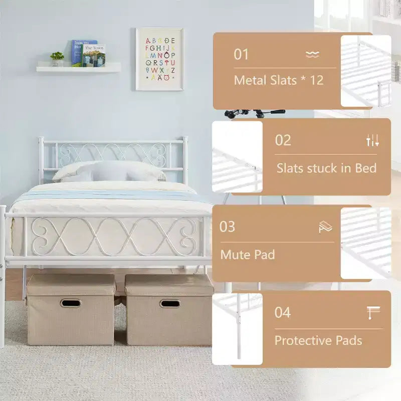 Twin Size Metal Bed Frame with Headboard & Footboard, 12.2" Platform, No Box Spring Needed