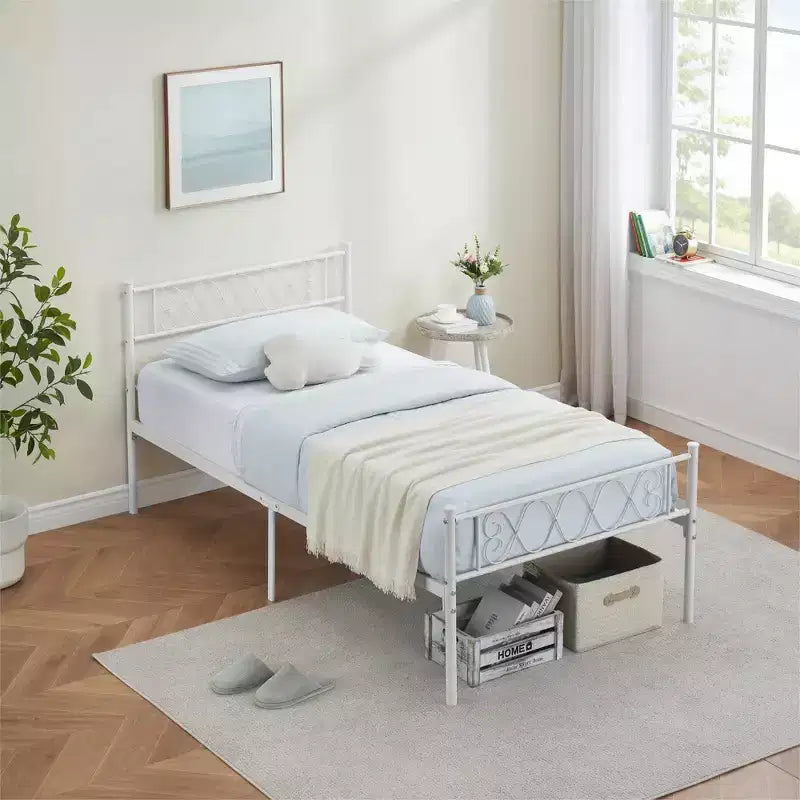 Twin Size Metal Bed Frame with Headboard & Footboard, 12.2" Platform, No Box Spring Needed