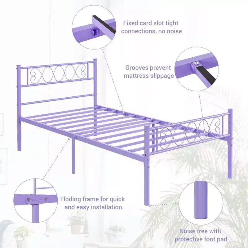 Twin Size Metal Bed Frame with Headboard & Footboard, 12.2" Platform, No Box Spring Needed