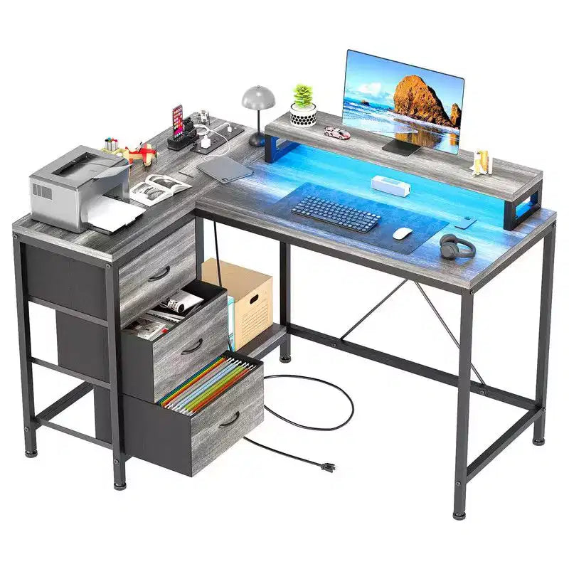 L Shaped Home Office Desk, Storage Shelves Gaming Computer Desk with Drawers & Shelves for Home Office