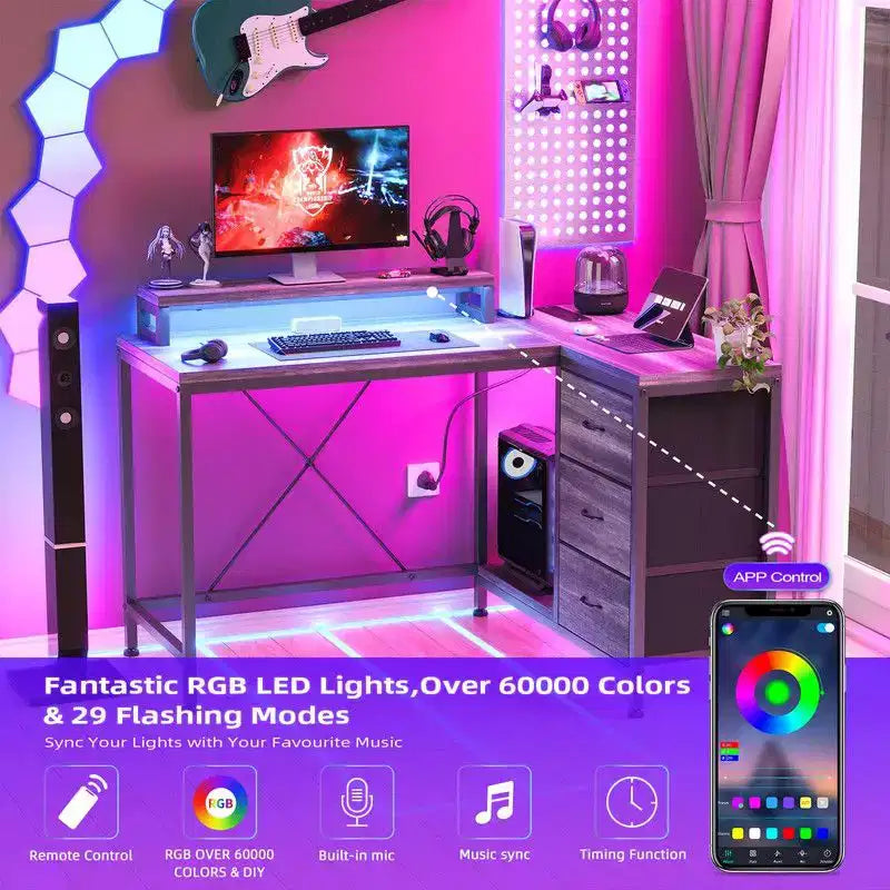 L Shaped Home Office Desk, Storage Shelves Gaming Computer Desk with Drawers & Shelves for Home Office