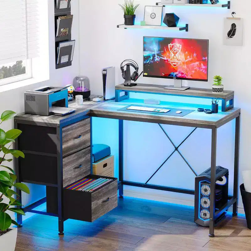 L Shaped Home Office Desk, Storage Shelves Gaming Computer Desk with Drawers & Shelves for Home Office