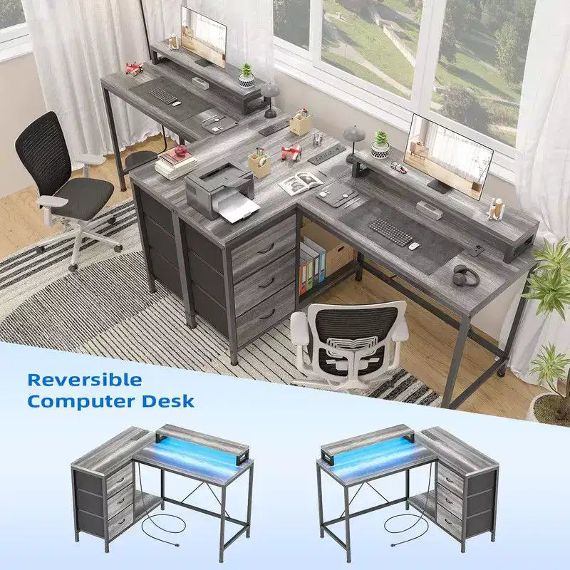 L Shaped Home Office Desk, Storage Shelves Gaming Computer Desk with Drawers & Shelves for Home Office