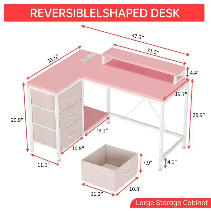 L Shaped Home Office Desk, Storage Shelves Gaming Computer Desk with Drawers & Shelves for Home Office