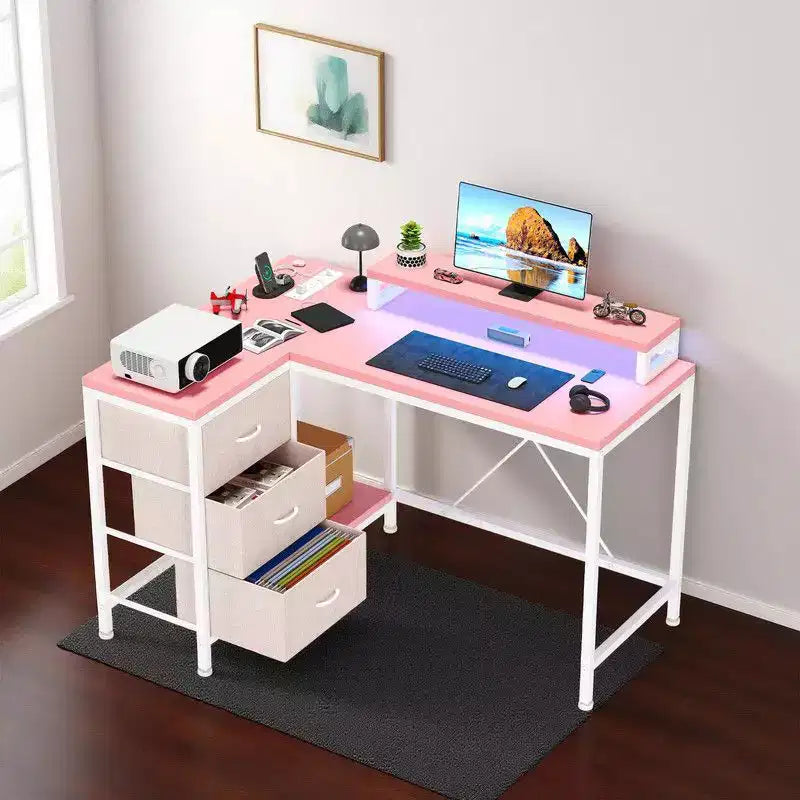L Shaped Home Office Desk, Storage Shelves Gaming Computer Desk with Drawers & Shelves for Home Office