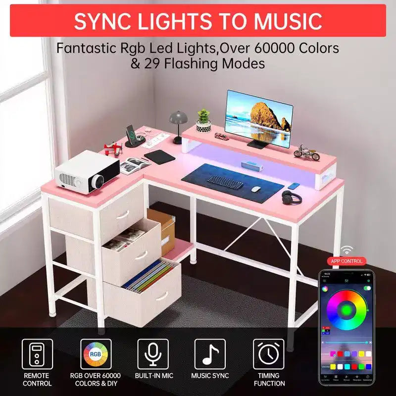 L Shaped Home Office Desk, Storage Shelves Gaming Computer Desk with Drawers & Shelves for Home Office