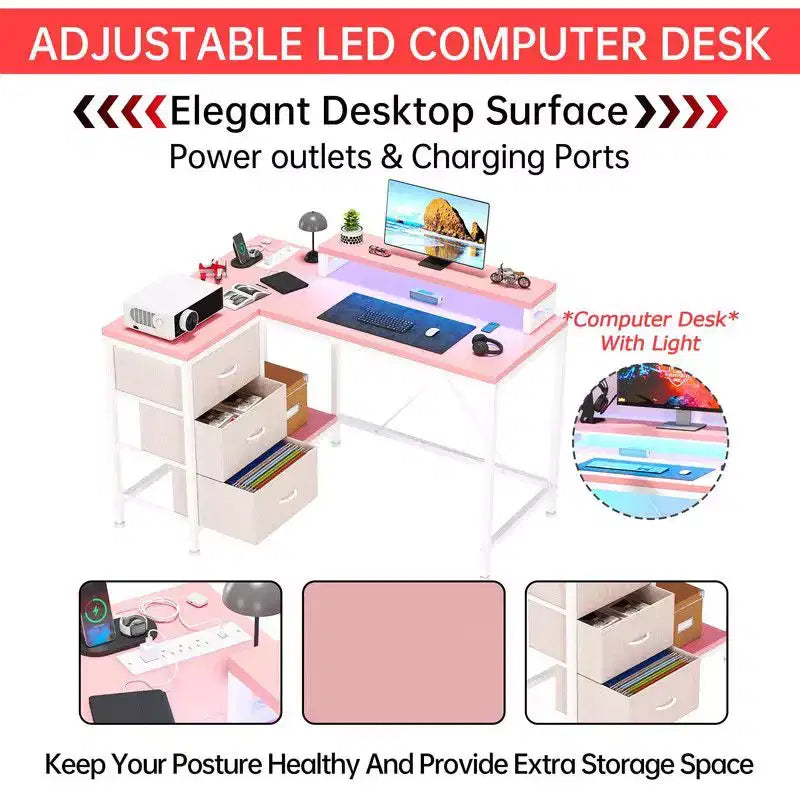 L Shaped Home Office Desk, Storage Shelves Gaming Computer Desk with Drawers & Shelves for Home Office